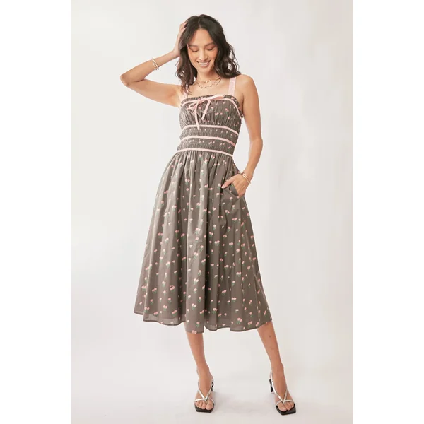 Davi & Dani Contrast Velvet Tape Smocking Bodice Midi Dress