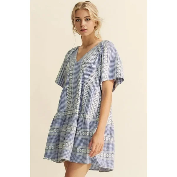 Davi & Dani Embroidered Stripe Ruffled Gingham Mini Dress