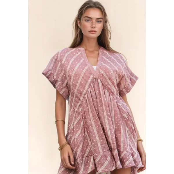Davi & Dani Embroidery V Neck Short Sleeve Ruffled Mini Dress