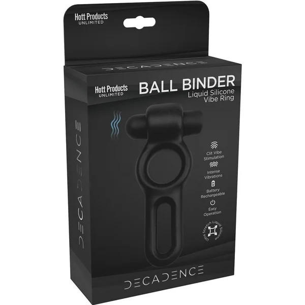 Decadence Ball Binder Silicone Vibrating Cock and Ball Ring – Black