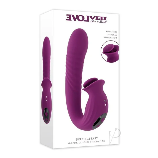 Deep Ecstasy Rechargeable Silicone Ribbed Thrusting Rabbit Vibrator with Clitoral Stimulator - Purple