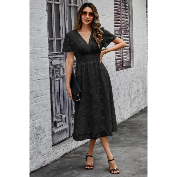 Deep V Ruched Elastic Belt Smocked Midi Dress