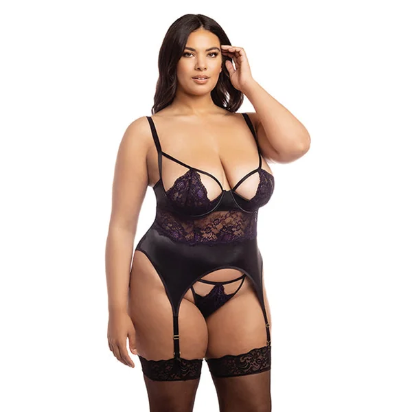 Demi Padded Shelf Cup Merrywidow W/overlay Lace & Panty Black/heliotrope