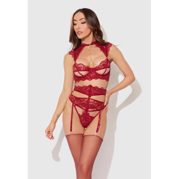 Dezi Lace & Chain Open Cup Bra Set Rhubarb