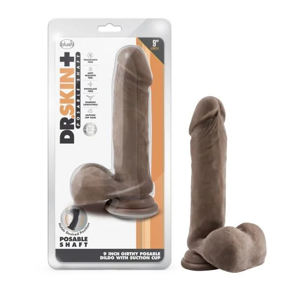 Dr Skin Plus 9in Thick Posable Dildo W/ Balls Chocolate
