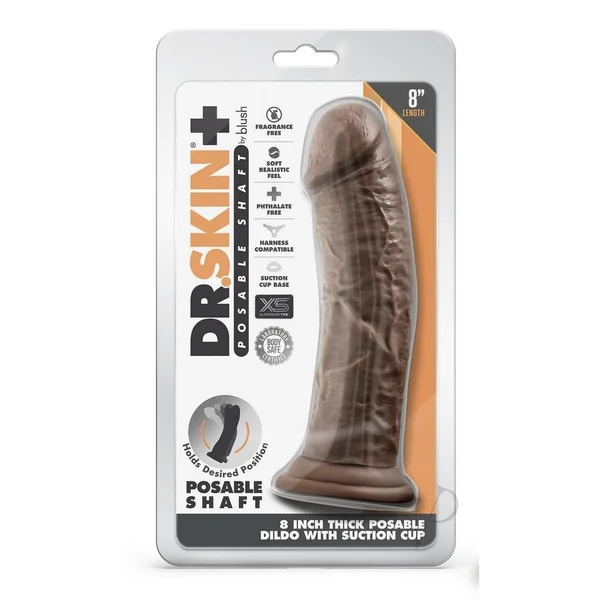 Dr. Skin Plus Gold Collection Thick Posable Dildo with Suction Cup 8in - Chocolate
