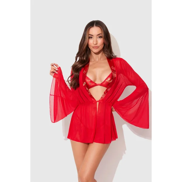 Dragon Sheer Robe with Satin Bra & G-String Set Red