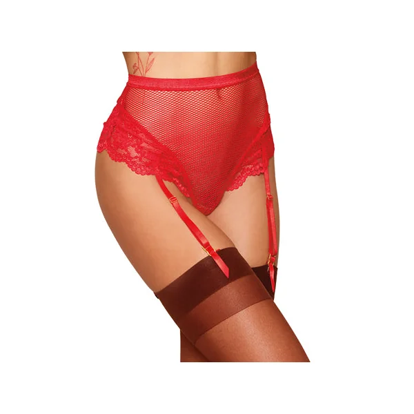 Dreamgirl High-Waisted Fishnet Garter Thong with Lace Detail Ruby S