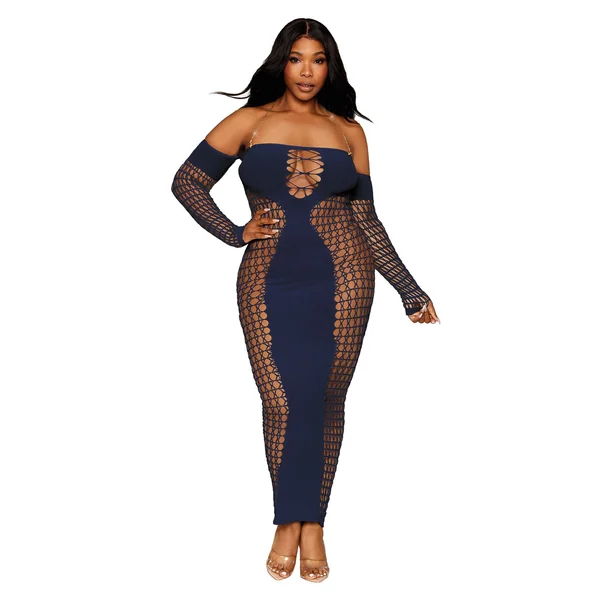 Dreamgirl Queen Size Denim Bodystocking Gown With Halter Chain