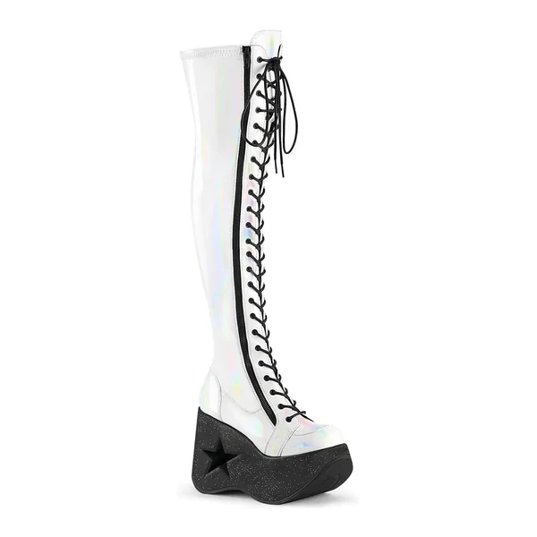 DYNAMITE-300 White Hologram Patent Thigh Boot