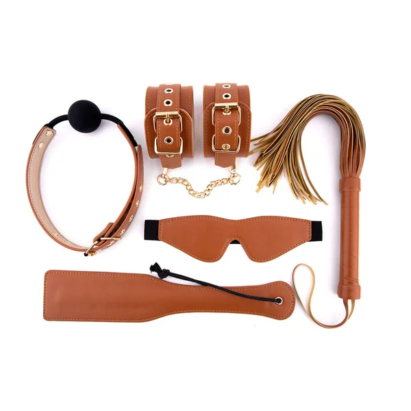 Elite BDSM Cognac Vegan Set – Cuffs, Ball Gag, Mask, Paddle, Flogger