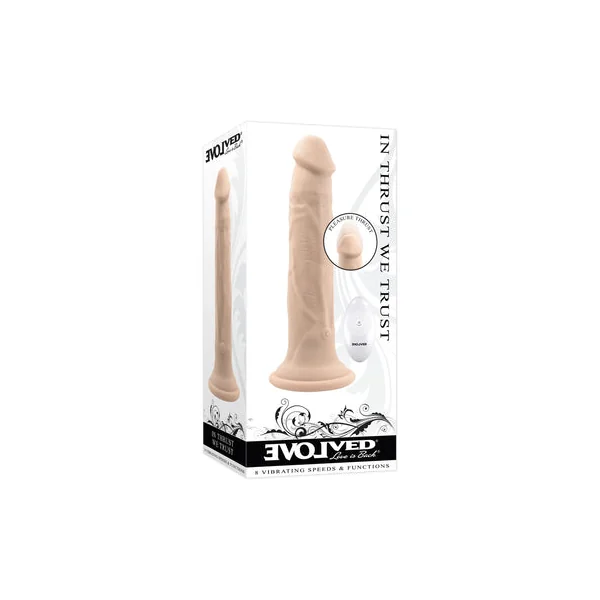 Evolved In Thrust We Trust Rechargeable Silicone Thrusting Vibrating Dildo with Remote Light