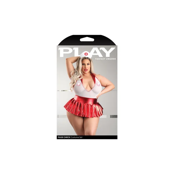 Fantasy Lingerie Play Pulse Check Collared Teddy with Open Back: Pleated Skirt: Medic Hat & 1 pair of Pasties Costume 1XL/2XL