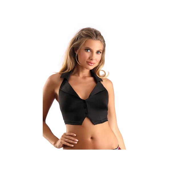 Fantasy Lingerie Play Schoolgirl Top Collared Button Down Halter Top with Tie-Back Closure Costume Black O/S