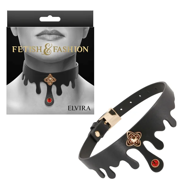 Fetish Fashion Bondage Gear Elvira Ruby Jewel and Gold Charm Sex Collar Restraints