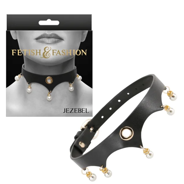Fetish Fashion Bondage Gear Jezebel Sex Collar with Gold Accents and Pearls