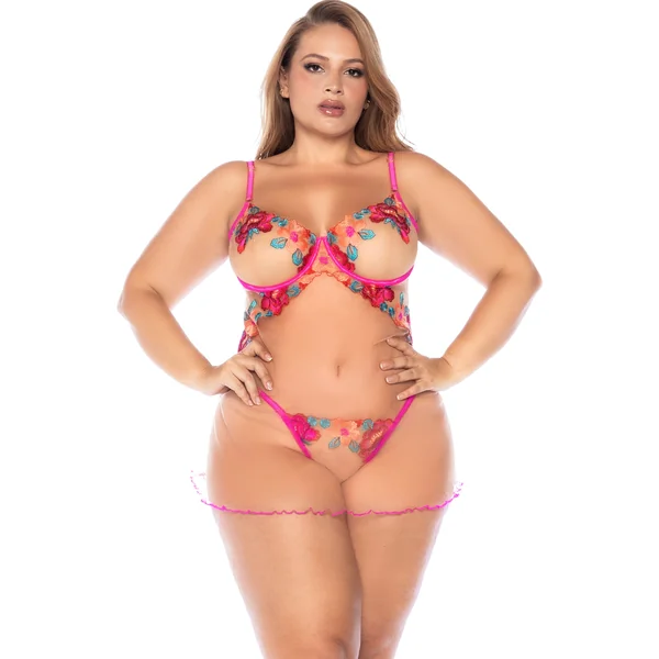 Floral Embroidered Sheer Mesh Babydoll