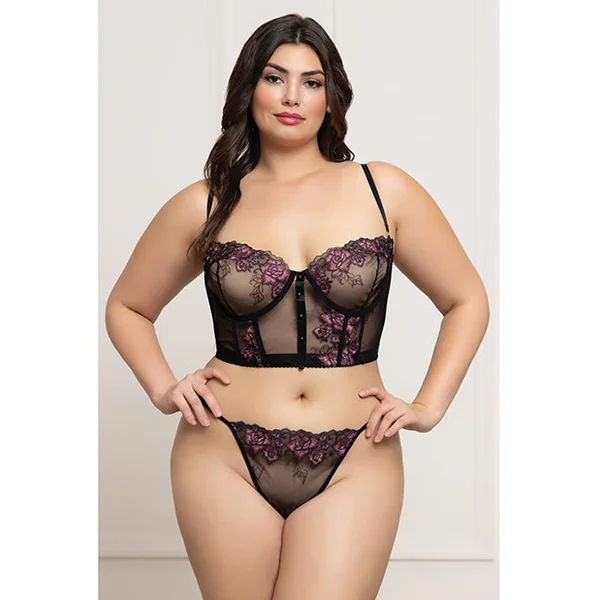 Floral Lace and Mesh Underwire Bustier w/Thong 2 pc Set - Black/Purple 3X/4X