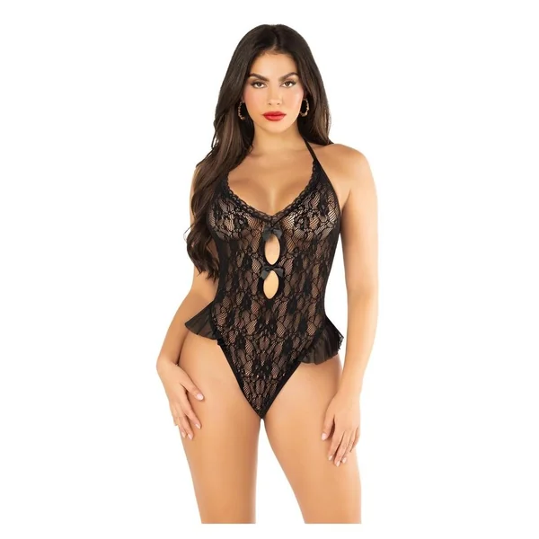 Floral Lace Halter Bodysuit with Mini Bow and Flutter Accent