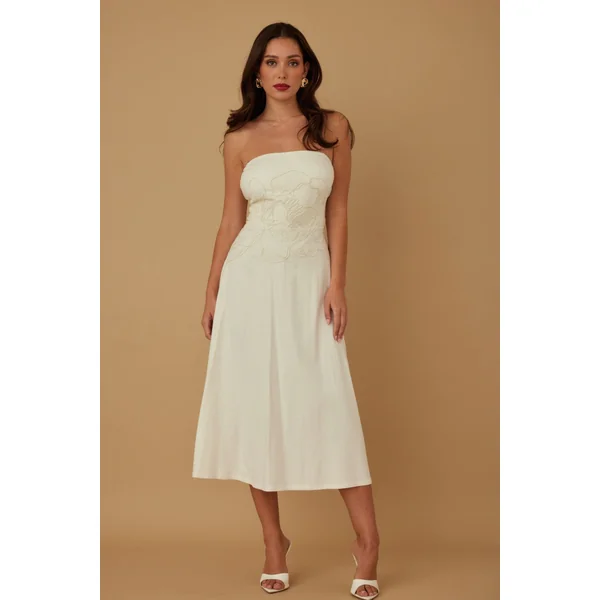 Flower Lining Linen Pattern Strapless Dress