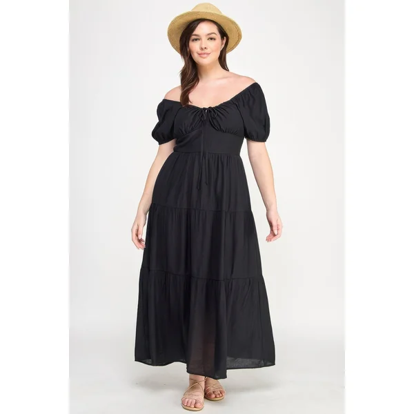 Front Tie Puff Sleeve Tired Maxi Dress