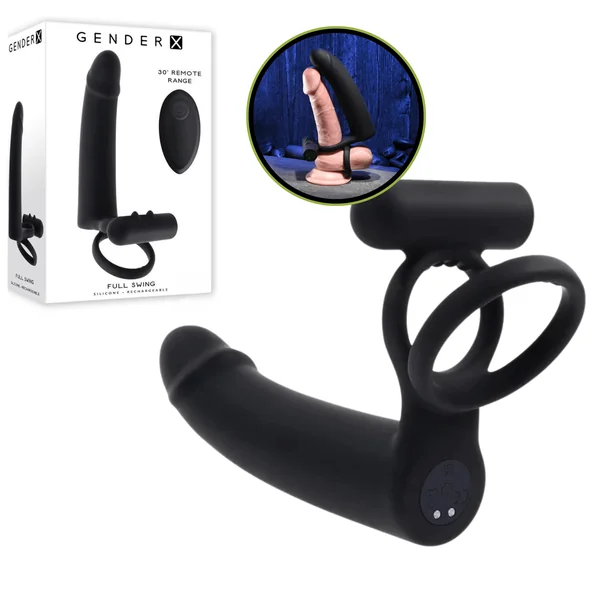 Full Swing Rechargeable Silicone Vibrating Dildo with Dual Cock Ring and Remote Control – Black