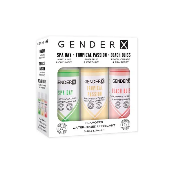 Gender X Flavored Lube Travel Pack 3/2oz Spa Day Tropical Passion Beach Bliss