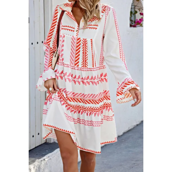 Geometric Printed Bell Ruffle Sleeve Button Dress