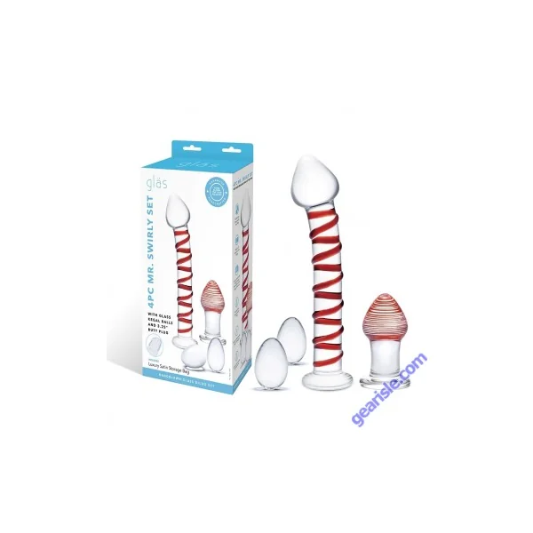 Glas 4Pc Mr. Swirly Set With Glass Kegal Balls And 3.25" Butt Plug