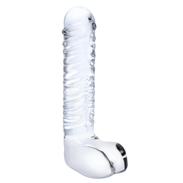 Glas Realistic Ribbed Glass G-Spot Dildo with Balls
