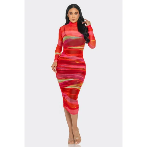 Glitch Print Mesh Ruched Midi Dress