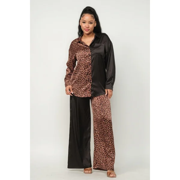 Half Animal Print And Half Solid Top And Pants Set