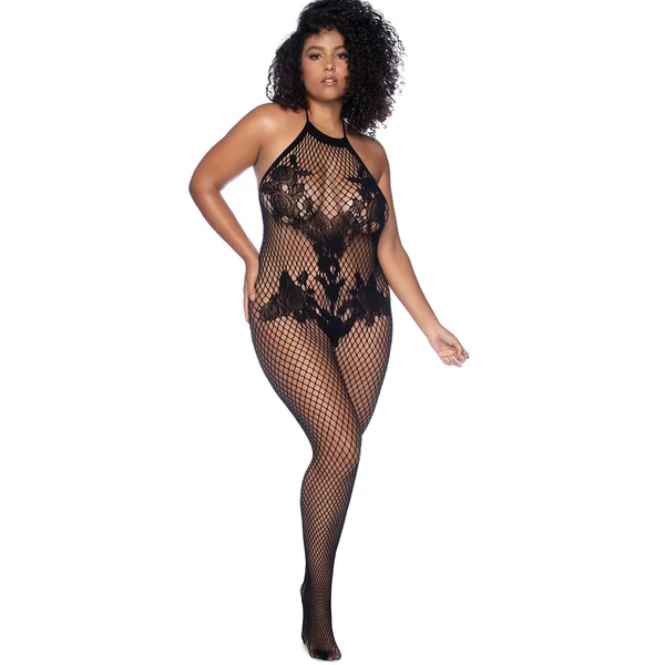 Halter And Crotchless Floral Bodystocking