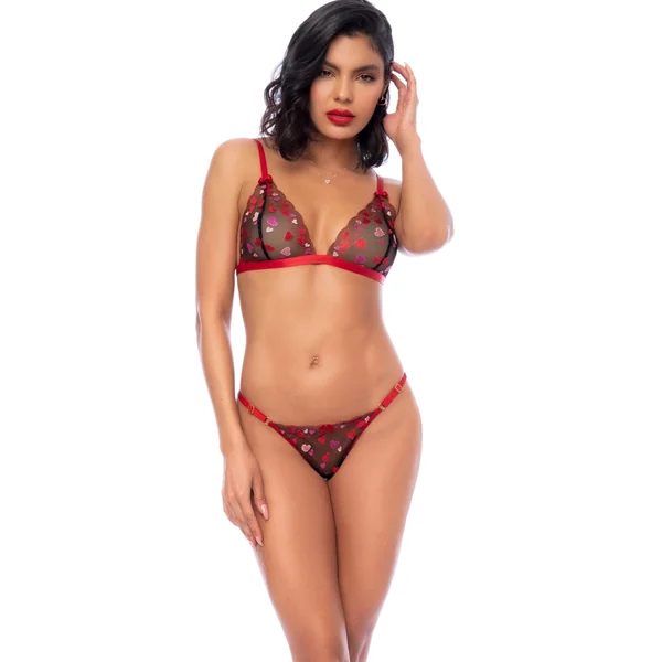 Heart Embroidered Mesh Bralette Set