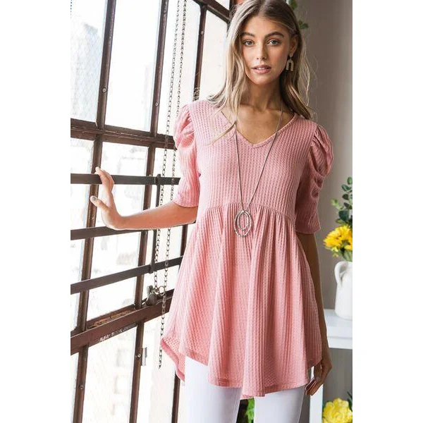 Heimish Full Size Waffle Knit V-Neck Babydoll Top