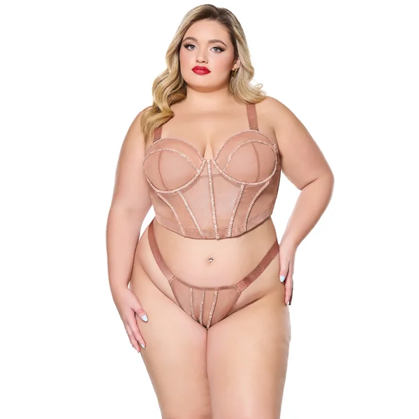 Holiday Diva Sheer Shimmer Rhinestone Seams Bustier Set Bronze