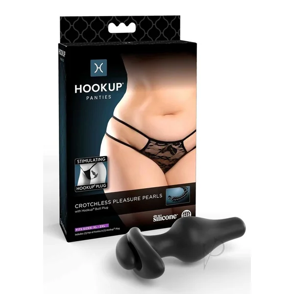Hookup Panties Crotchless Pleasure Pearls - XL/2XL - Black
