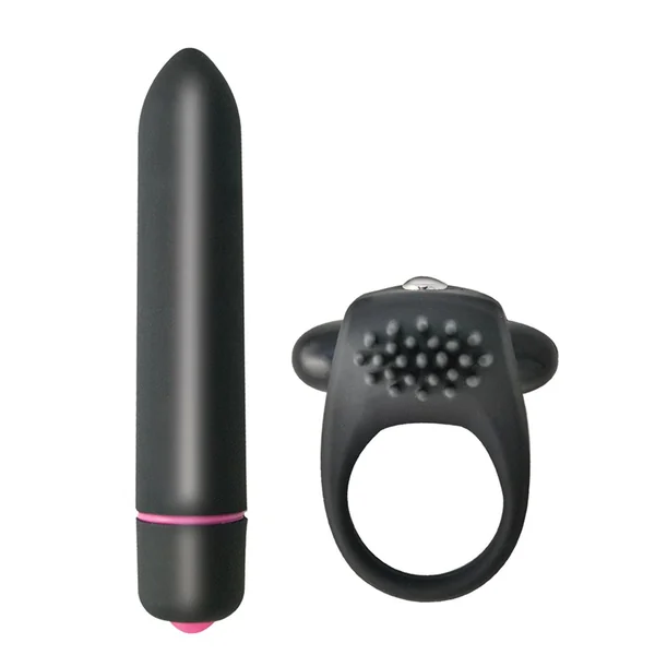 Intense Silicone Vibrating Cock Ring and Bullet Set – Black