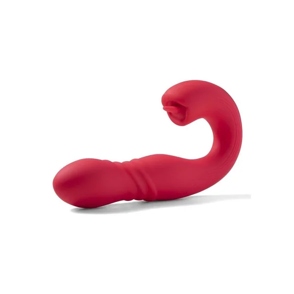 Joi Thrust 2 Pressure Sensing App Controlled Thrusting G-spot Silicone Rechargeable Vibrator and Tongue Clit Licker – Red/Gold