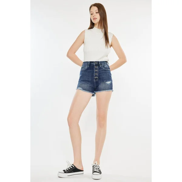 Kancan Raw Hem Button Fly Denim Shorts