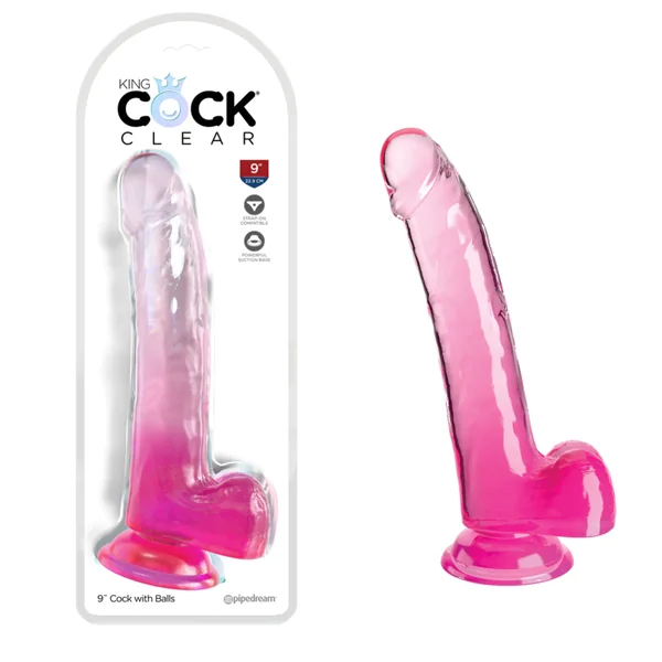 King Cock Clear With Balls 9-inch Strap-on Compatible Powerful Suction Cup G-Spot Dildo
