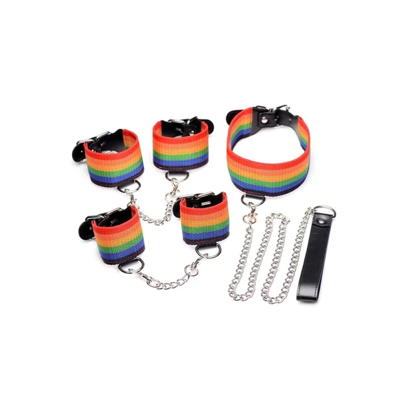 Kinky Pride Rainbow Bondage Set - Wrist/Ankle Cuffs & Collar with Leash