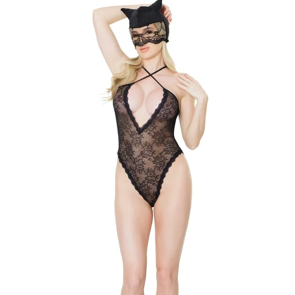 Kitty Lace Crotchless Teddy W/ Cat Mask