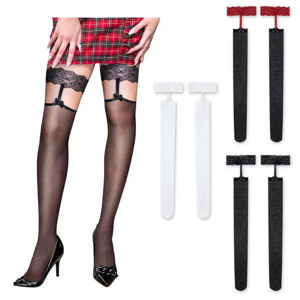 Lace Flowers Bow Over The Knee Silk Stockings 3 Pairs Set – Red & Black & White