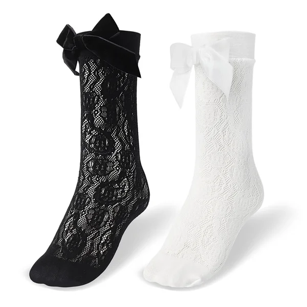 Lace Flowers Velour Bow Frilly Ankle Socks 2 Pairs Set