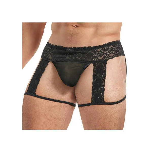 Lace King Men`s Lace and Mesh Garter Panty – Large/XLarge – Black