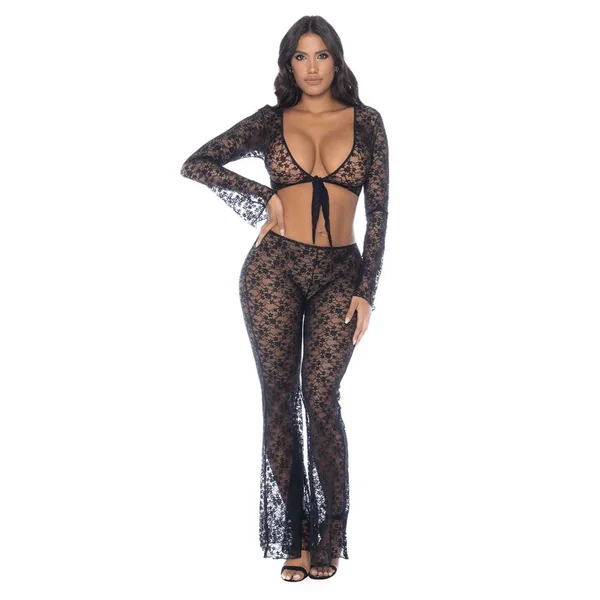 Lace Long Sleeve Tie Crop Top & Flare Pant Set