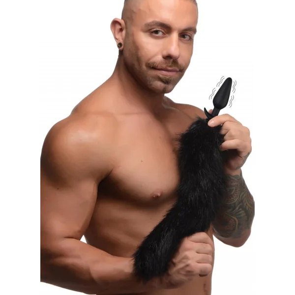 Large Vibrating Anal Plug with Interchangeable Fox Tail – Black
