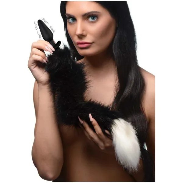Large Vibrating Anal Plug with Interchangeable Fox Tail – Black and White