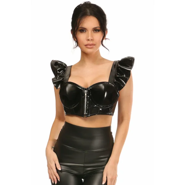 Lavish Black Patent Underwire Bustier Top w/Removable Ruffle Sleeves